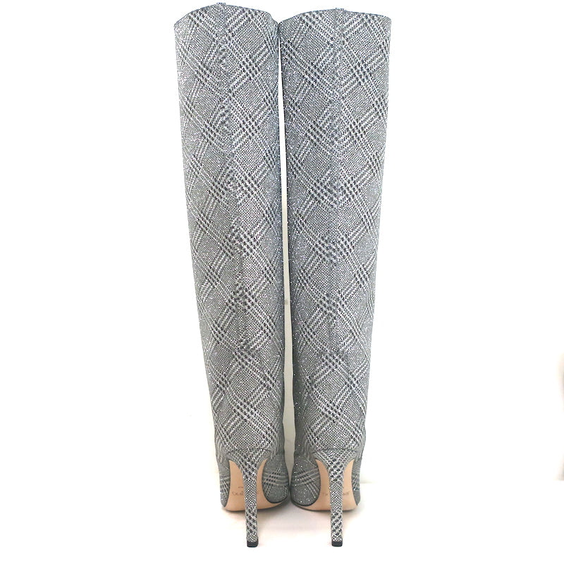 Jimmy Choo Mavis 100 Glitter High Boots Silver Prince Of Wales Check Size 38.5