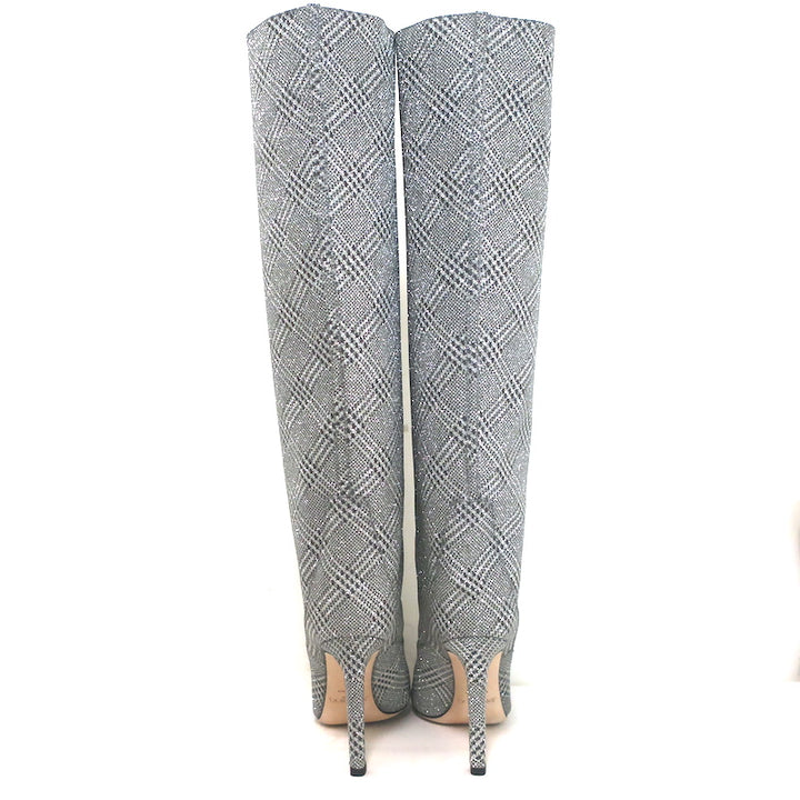 Jimmy Choo Mavis 100 Glitter High Boots Silver Prince Of Wales Check Size 38.5