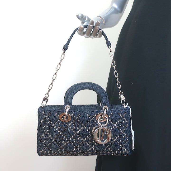 Christian Dior Lady D-Joy Eyelet-Embellished Dark Denim Small Crossbody Bag NEW