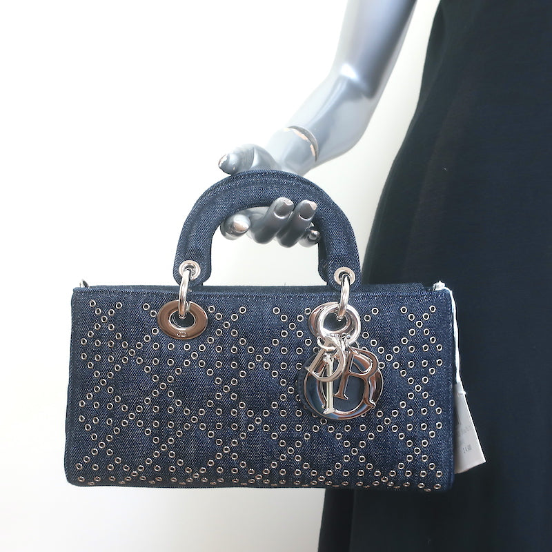 Christian Dior Lady D-Joy Eyelet-Embellished Dark Denim Small Crossbody Bag NEW