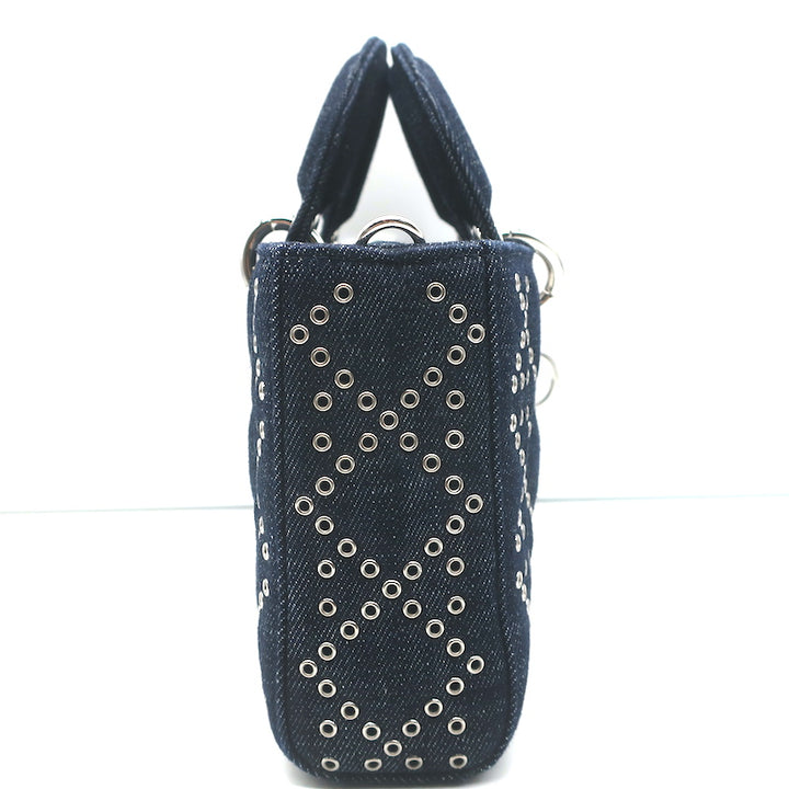 Christian Dior Lady D-Joy Eyelet-Embellished Dark Denim Small Crossbody Bag NEW