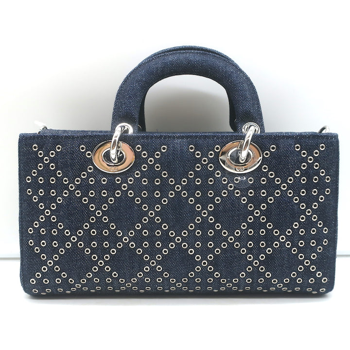 Christian Dior Lady D-Joy Eyelet-Embellished Dark Denim Small Crossbody Bag NEW