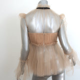 Khaite Dominika Pleated Tulle Bow-Neck Top Nude Size 4 Long Sleeve Blouse