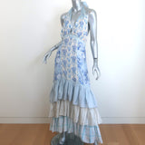 LoveShackFancy Sicilia Ruffled Maxi Dress Blue/White Floral Print Size 4 NEW