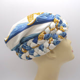 Vintage Hermes Braided Silk Twill Turban Hat Cream/Blue/Gold Chain Print