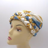 Vintage Hermes Braided Silk Twill Turban Hat Cream/Blue/Gold Chain Print