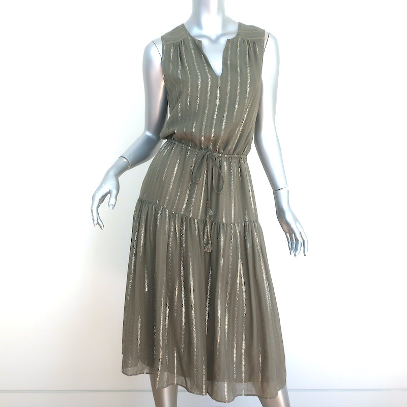Joie Tiered Midi Dress Klea Olive/Gold Metallic-Striped Silk Size Extr Celebrity Owned Joie Tiered Midi Dress Klea Olive/Gold Metallic-Striped Silk Size Extr Celebrity Owned