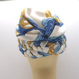 Vintage Hermes Braided Silk Twill Turban Hat Cream/Blue/Gold Chain Print
