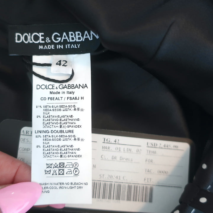 Dolce &amp; Gabbana Polka Dot Ruched Midi Dress Black/White Charmeuse Size 42 NEW