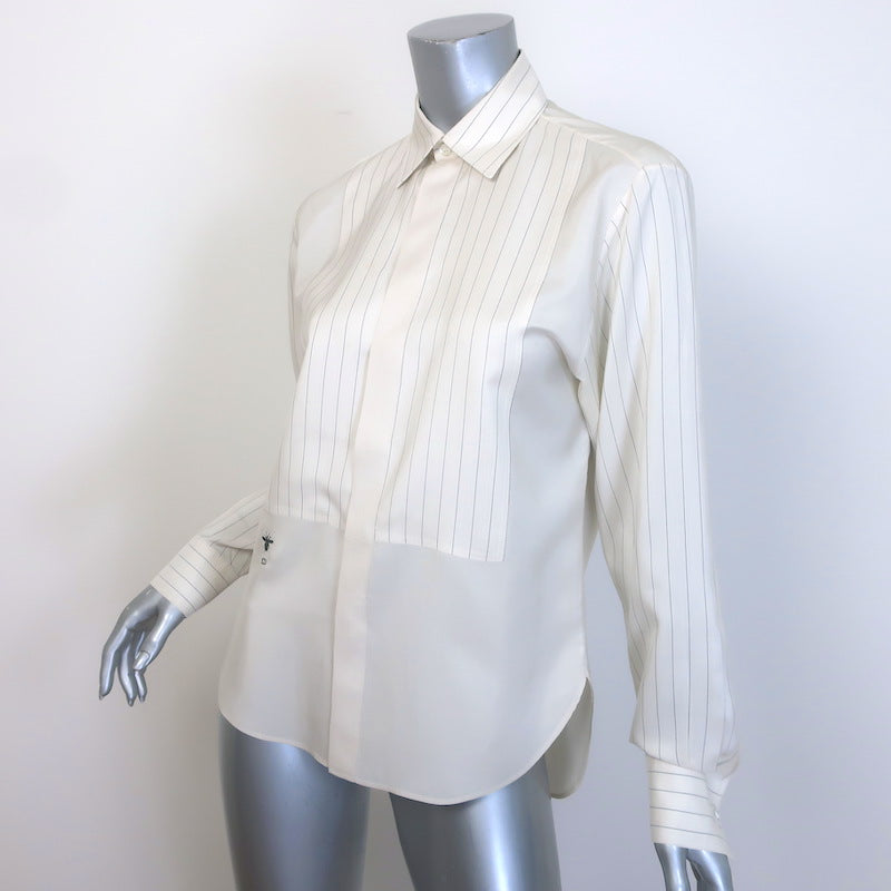 Christian Dior Striped-Bib Button Down Blouse Ivory Silk Size US 4