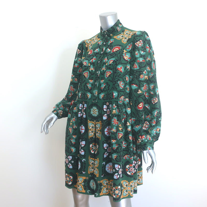 La DoubleJ Shorty Long Sleeve Mini Dress Green Floral Print Silk Size Small