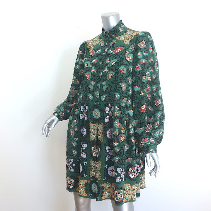 La DoubleJ Shorty Long Sleeve Mini Dress Green Floral Print Silk Size Small