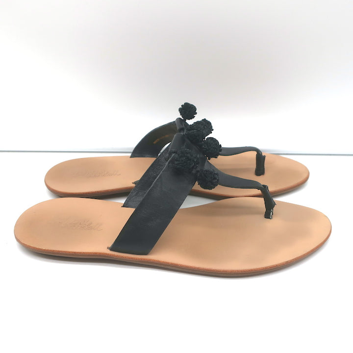 Loeffler Randall Pom Pom Thong Sandals Sosie Black Leather Size 7.5