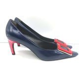 Roger Vivier Buckle Pumps Navy & Red Leather Size 38.5 Pointed Toe Heels NEW