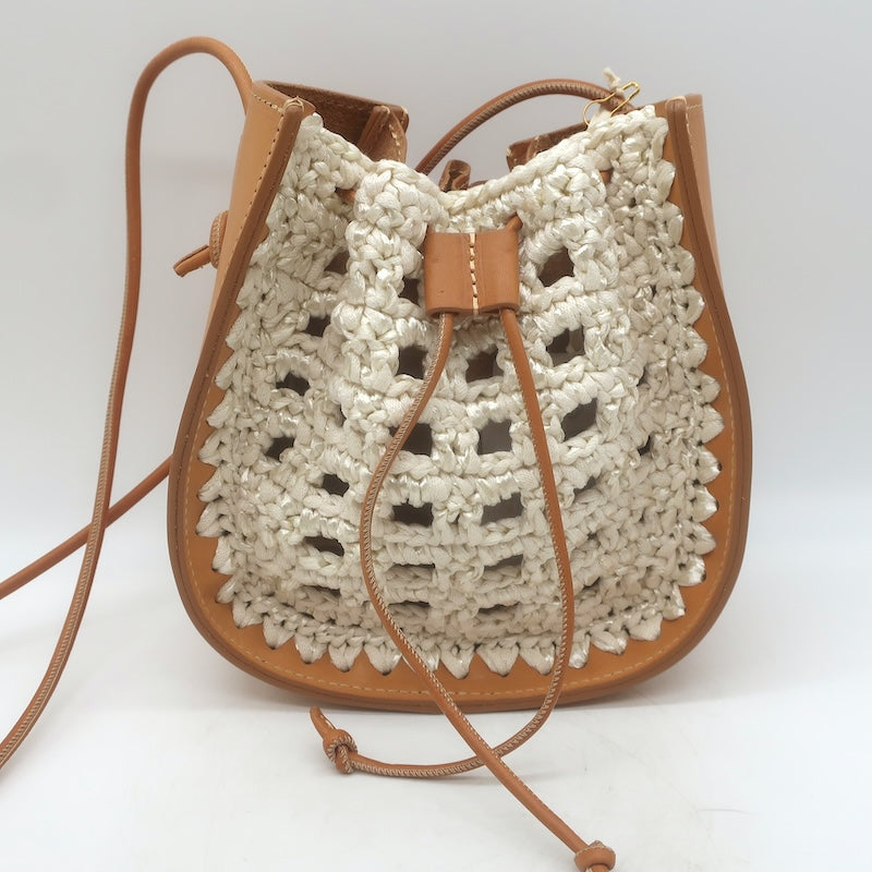 Forte_Forte Small Bucket Bag Crocheted Raffia &amp; Tan Leather Crossbody NEW