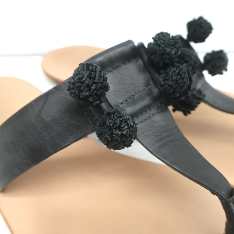 Loeffler Randall Pom Pom Thong Sandals Sosie Black Leather Size 7.5