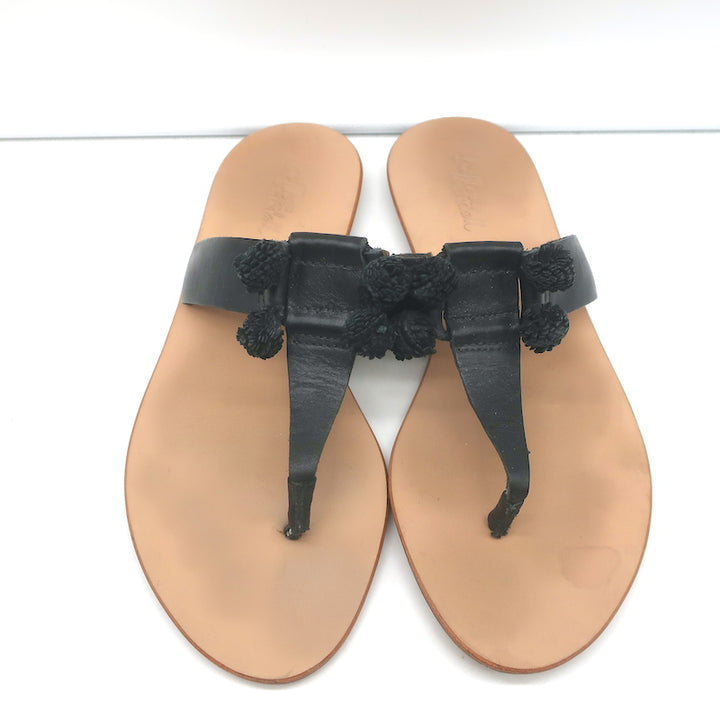 Loeffler Randall Pom Pom Thong Sandals Sosie Black Leather Size 7.5