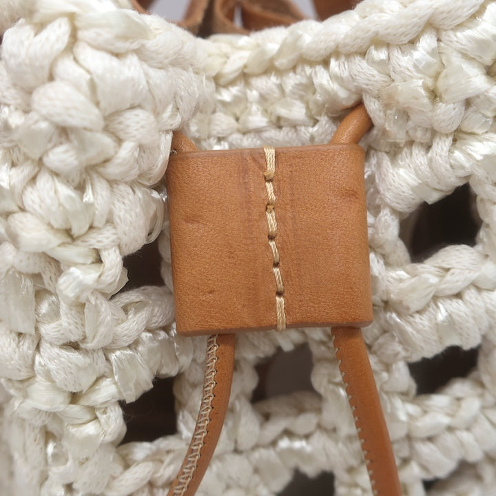 Forte_Forte Small Bucket Bag Crocheted Raffia &amp; Tan Leather Crossbody NEW
