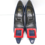 Roger Vivier Buckle Pumps Navy & Red Leather Size 38.5 Pointed Toe Heels NEW