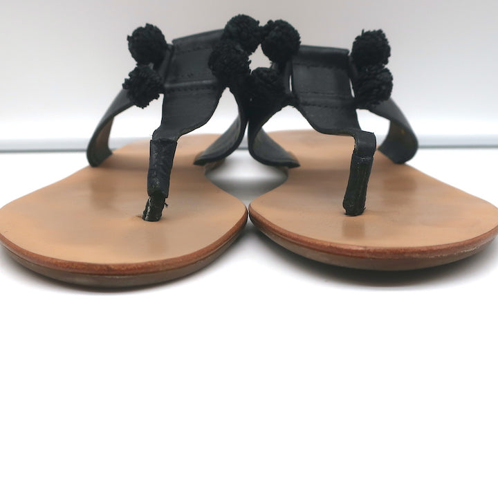 Loeffler Randall Pom Pom Thong Sandals Sosie Black Leather Size 7.5
