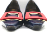 Roger Vivier Buckle Pumps Navy & Red Leather Size 38.5 Pointed Toe Heels NEW