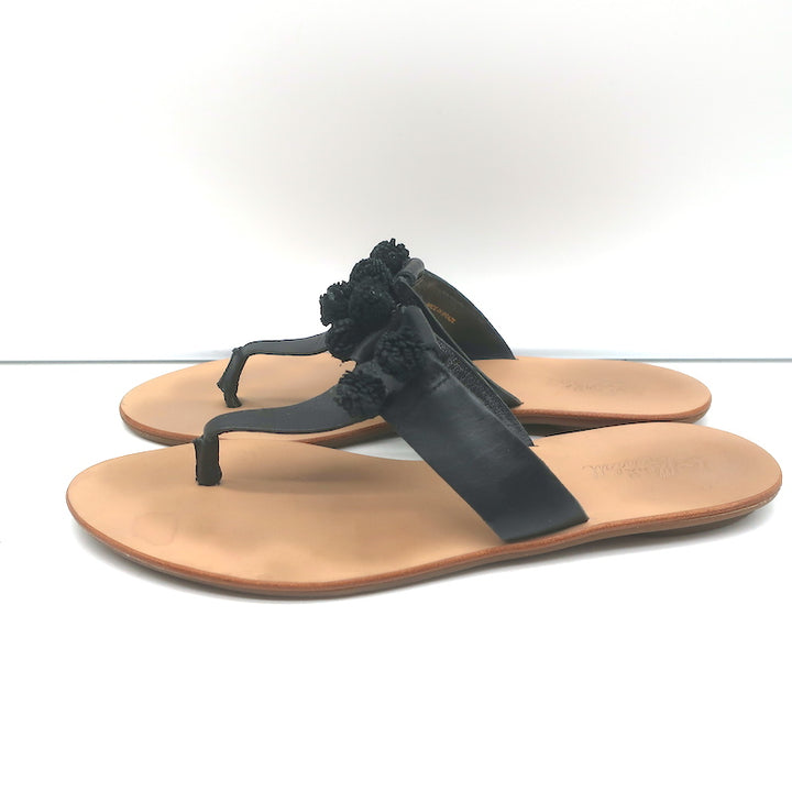 Loeffler Randall Pom Pom Thong Sandals Sosie Black Leather Size 7.5