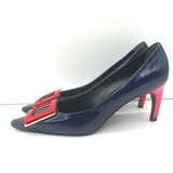 Roger Vivier Buckle Pumps Navy & Red Leather Size 38.5 Pointed Toe Heels NEW