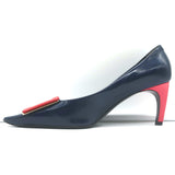 Roger Vivier Buckle Pumps Navy & Red Leather Size 38.5 Pointed Toe Heels NEW