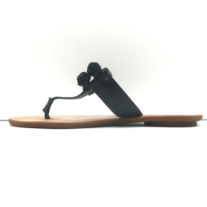 Loeffler Randall Pom Pom Thong Sandals Sosie Black Leather Size 7.5