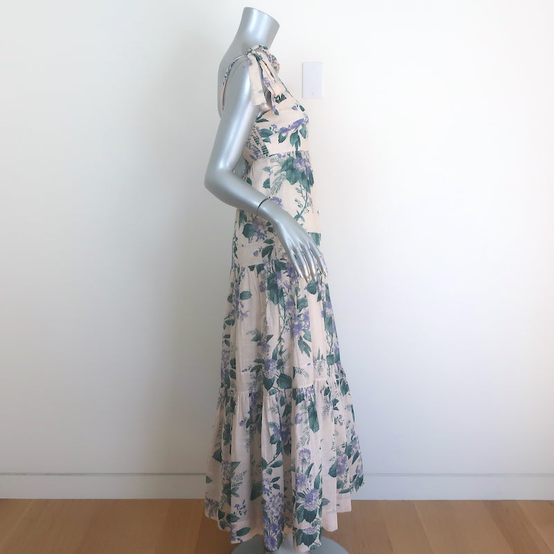 Zimmermann Cassia Tie-Strap Maxi Dress Light Pink Floral Print Cotton Celebrity Owned Zimmermann Cassia Tie-Strap Maxi Dress Light Pink Floral Print Cotton Celebrity Owned