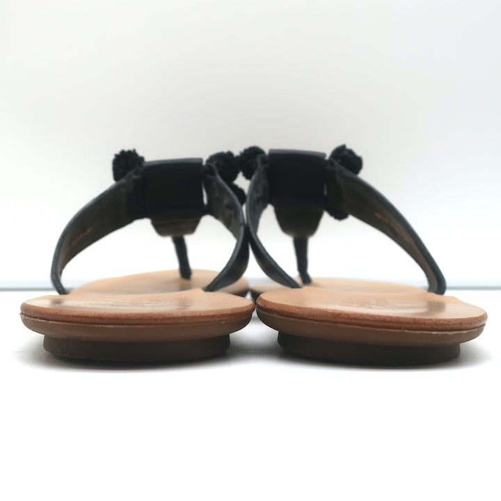 Loeffler Randall Pom Pom Thong Sandals Sosie Black Leather Size 7.5