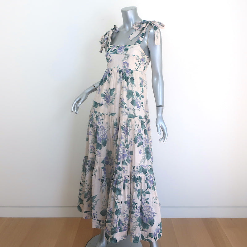 Zimmermann Cassia Tie-Strap Maxi Dress Light Pink Floral Print Cotton Size 1