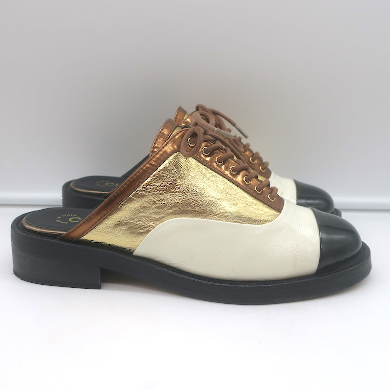 Chanel Cuba Oxford Mules Gold/Cream/Black Leather Size 38C Backless Flats