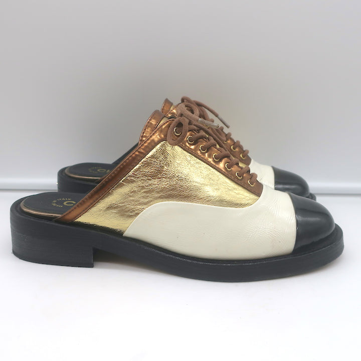 Chanel Cuba Oxford Mules Gold/Cream/Black Leather Size 38C Backless Flats