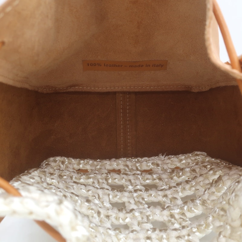 Forte_Forte Small Bucket Bag Crocheted Raffia &amp; Tan Leather Crossbody NEW
