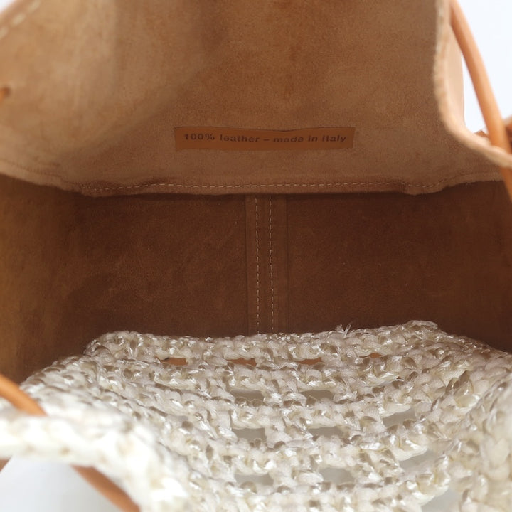 Forte_Forte Small Bucket Bag Crocheted Raffia &amp; Tan Leather Crossbody NEW