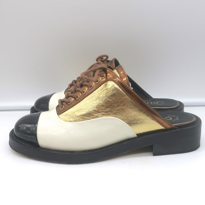 Chanel Cuba Oxford Mules Gold/Cream/Black Leather Size 38C Backless Flats