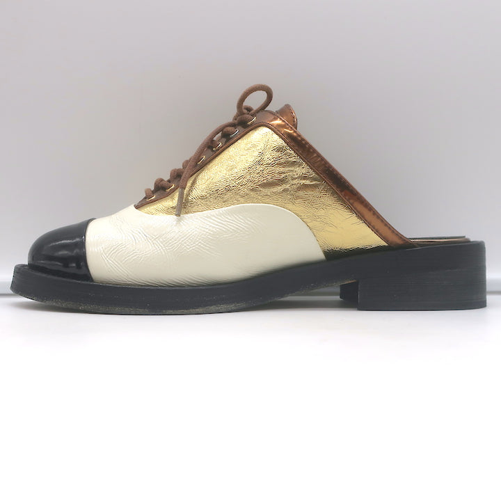 Chanel Cuba Oxford Mules Gold/Cream/Black Leather Size 38C Backless Flats