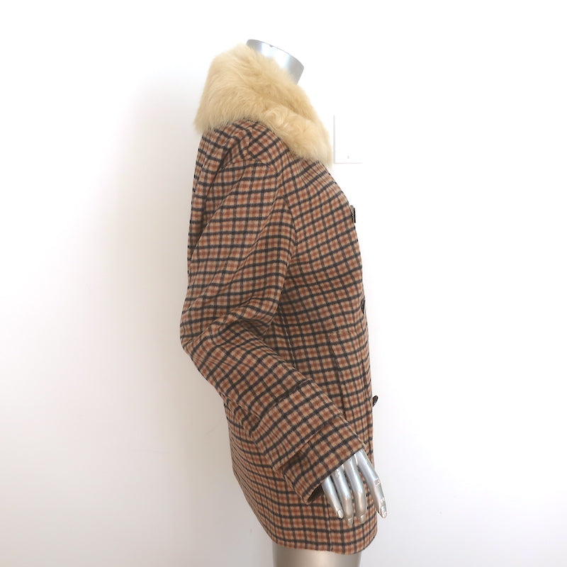 Theory Shearling Collar Plaid Peacoat Dorado Brown Wool-Blend Size Small