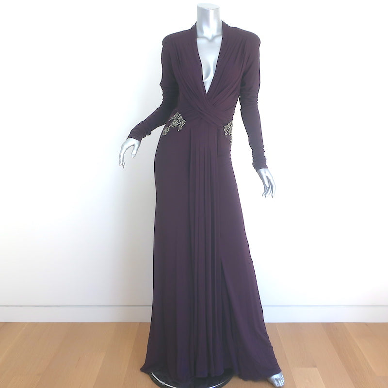 Roberto Cavalli Crystal-Embellished Deep V-Neck Gown Eggplant Jersey S Celebrity Owned Roberto Cavalli Crystal-Embellished Deep V-Neck Gown Eggplant Jersey S Celebrity Owned