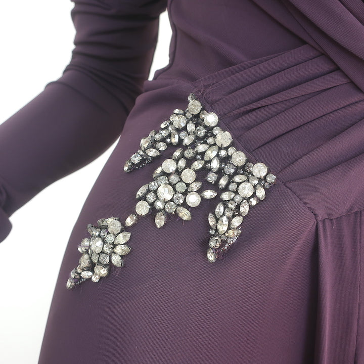 Roberto Cavalli Crystal-Embellished Deep V-Neck Gown Eggplant Jersey Size 40