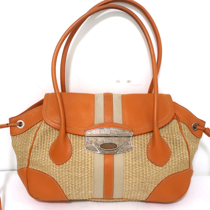 Prada Raffia &amp; Orange Leather Large Shoulder Bag