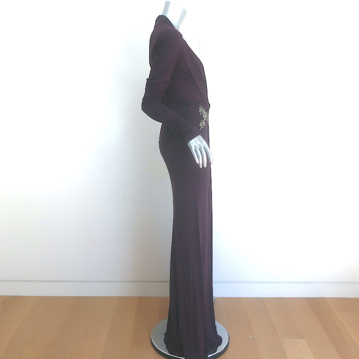 Roberto Cavalli Crystal-Embellished Deep V-Neck Gown Eggplant Jersey Size 40