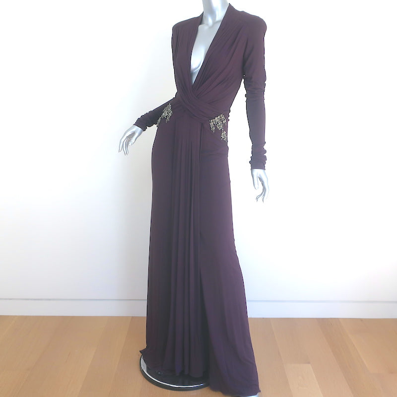 Roberto Cavalli Crystal-Embellished Deep V-Neck Gown Eggplant Jersey Size 40