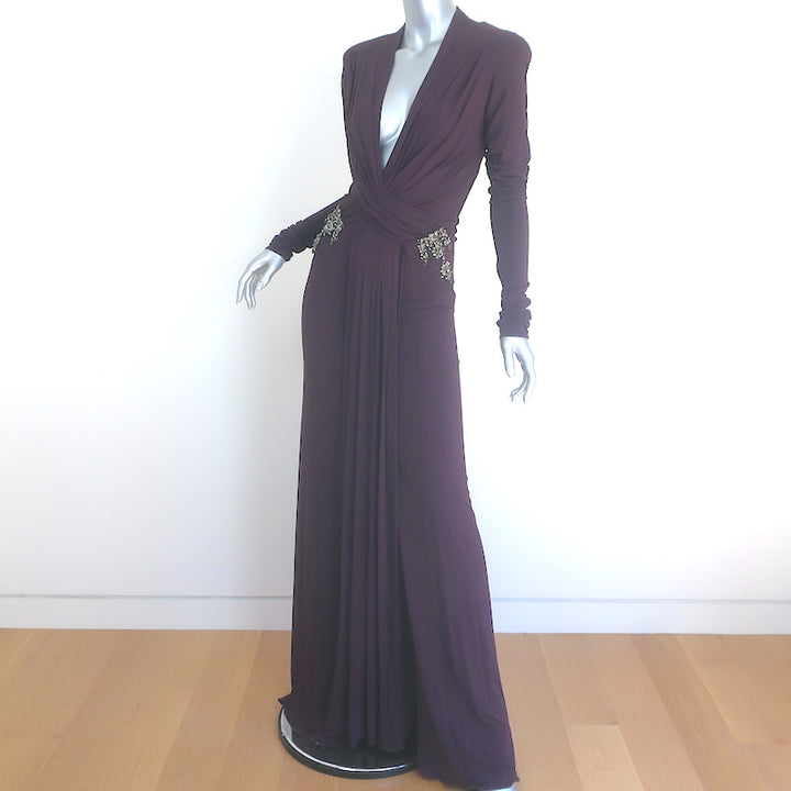 Roberto Cavalli Crystal-Embellished Deep V-Neck Gown Eggplant Jersey Size 40
