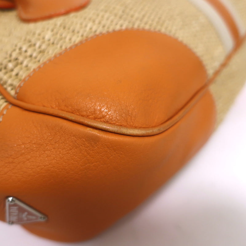 Prada Raffia &amp; Orange Leather Large Shoulder Bag