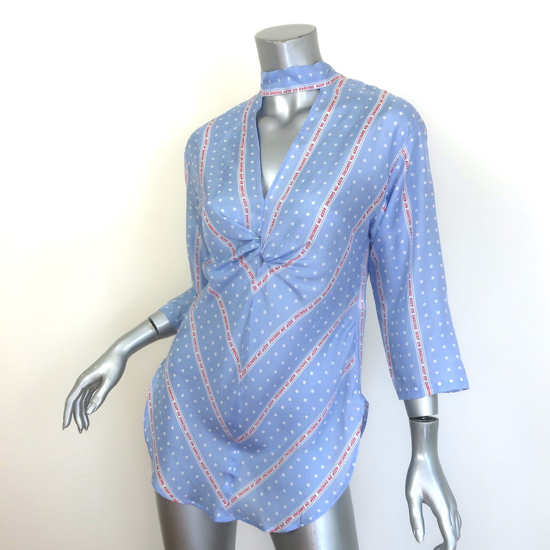 Sandro Chayma Twist-Front Blouse Blue Polka Dot Print Silk Size 1 Tie-Back Top