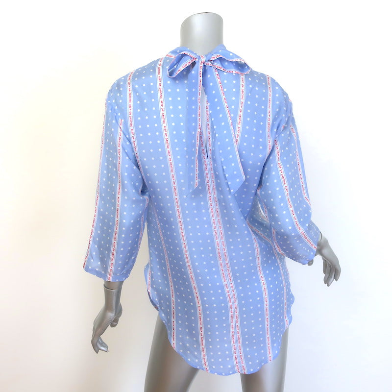 Sandro Chayma Twist-Front Blouse Blue Polka Dot Print Silk Size 1 Tie-Back Top