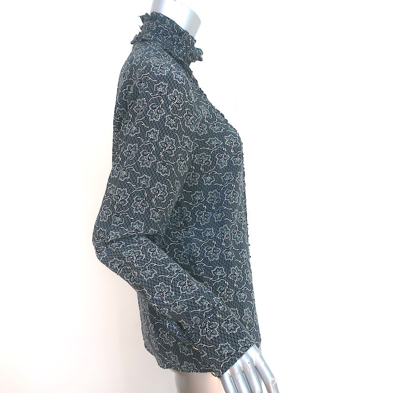 Vanessa Bruno Blouse Navy/Sage Floral Print Silk-Blend Size 38 Long Sleeve Top