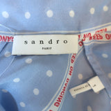 Sandro Chayma Twist-Front Blouse Blue Polka Dot Print Silk Size 1 Tie-Back Top